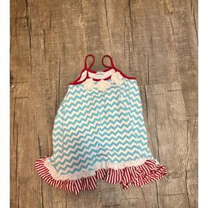 Peach n’ Cream Girls Dress 6X Blue Chevron Ruffle Summer Outfit Patriotic Style